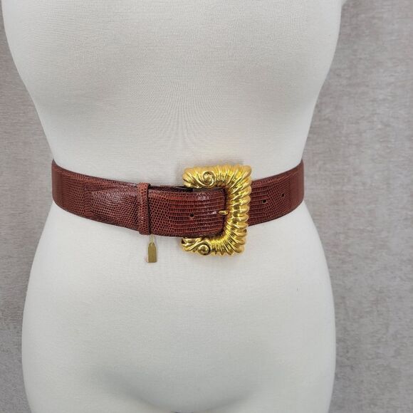 Kleinberg Sherrill Vintage Brown Lizard Embossed Leather Belt Gold Buckle main image 5